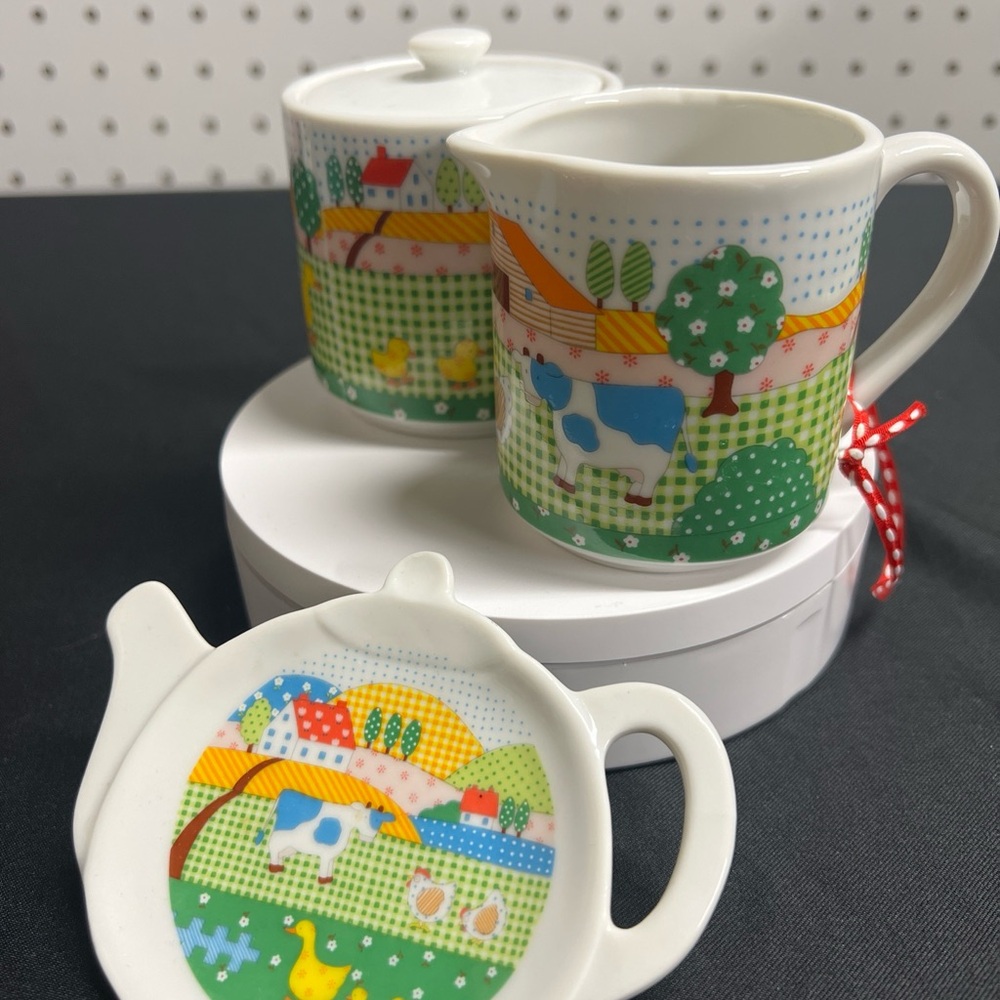 Vintage Papel sugar , creamer and tea bag holder . Farmhouse style